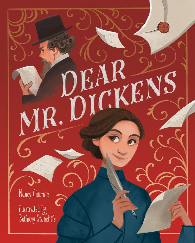 Dear Mr. Dickens by Nancy Churnin book cover features a man in the top left corner, turned away from us as he read a paper and a woman in the bottom right corner with a thinking expression as she holds a quill while writing. The background is a vivid red with gold ornate shapes all over.