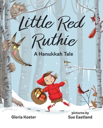 A girl in a red coat with a basket walks through a snowy forest. Behind a tree, a wolf watches her