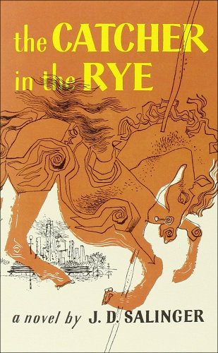 "The Catcher in the Rye" book cover with a orange horse on top and a white background on bottom.