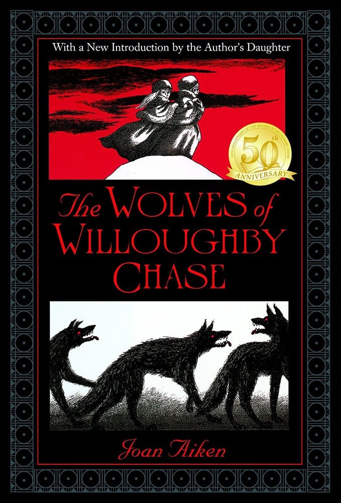 Book cover of The Wolves of Willoughby Chase by Joan Aiken, featuring two children in winter wear standing on a hilltop in the wind against a red sky; underneath, another panel depicts three red-eyed wolves in shadow.