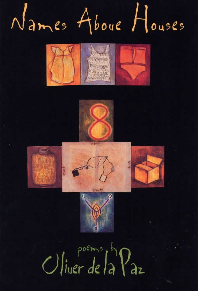 Names Above Houses, a book of poety by Oliver de la Paz, depicts 8 square images of a variety of objects in watercolor.