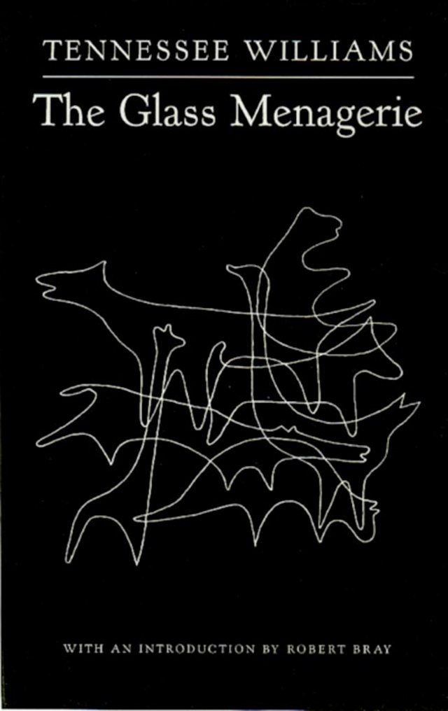 The Glass Menagerie by Tennessee Williams, drama and tragedy cover depicting a black background with multiple intertwined white lines.