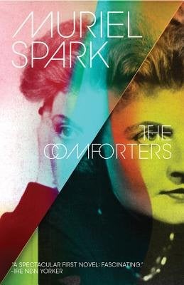The Comforters by Muriel Spark, a red, blue, and yellow abstract book cover depicting the face of a young woman.