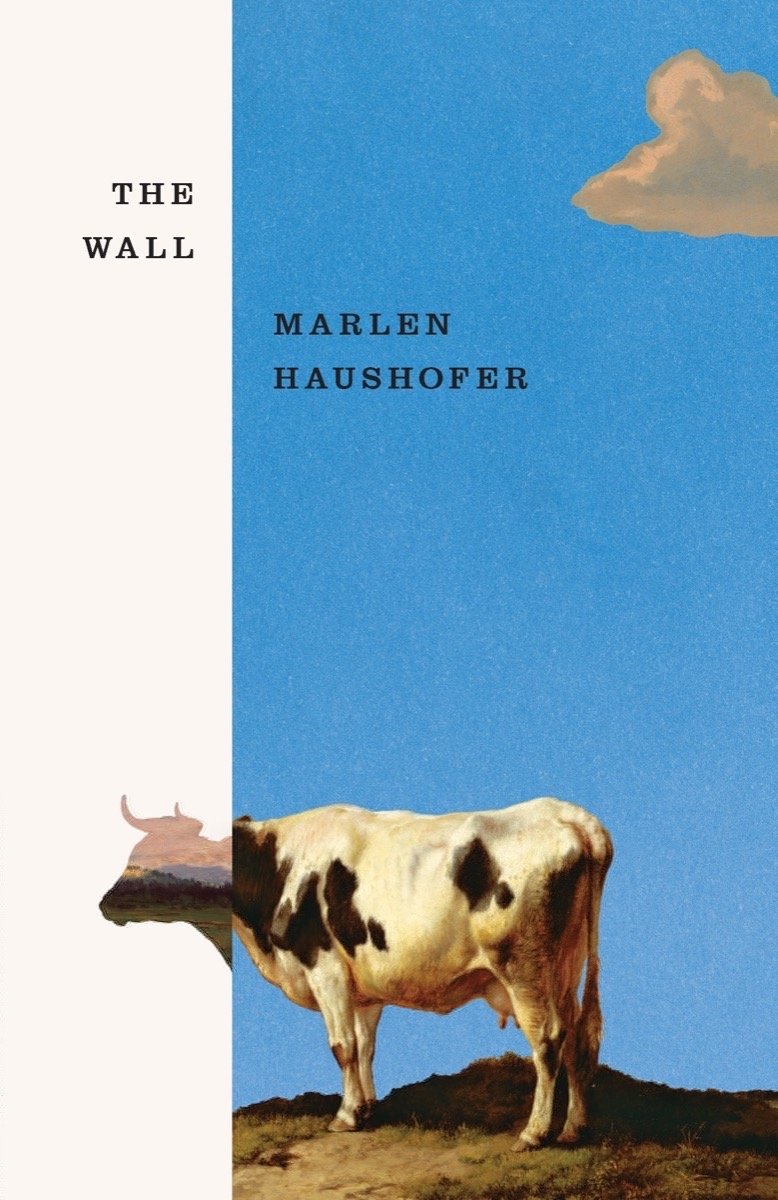 A cow stands on barren ground set against a dual-colored background of blue and white. The title sits against the white section in small black letters. The author's name sits against the blue section in small, black letters.