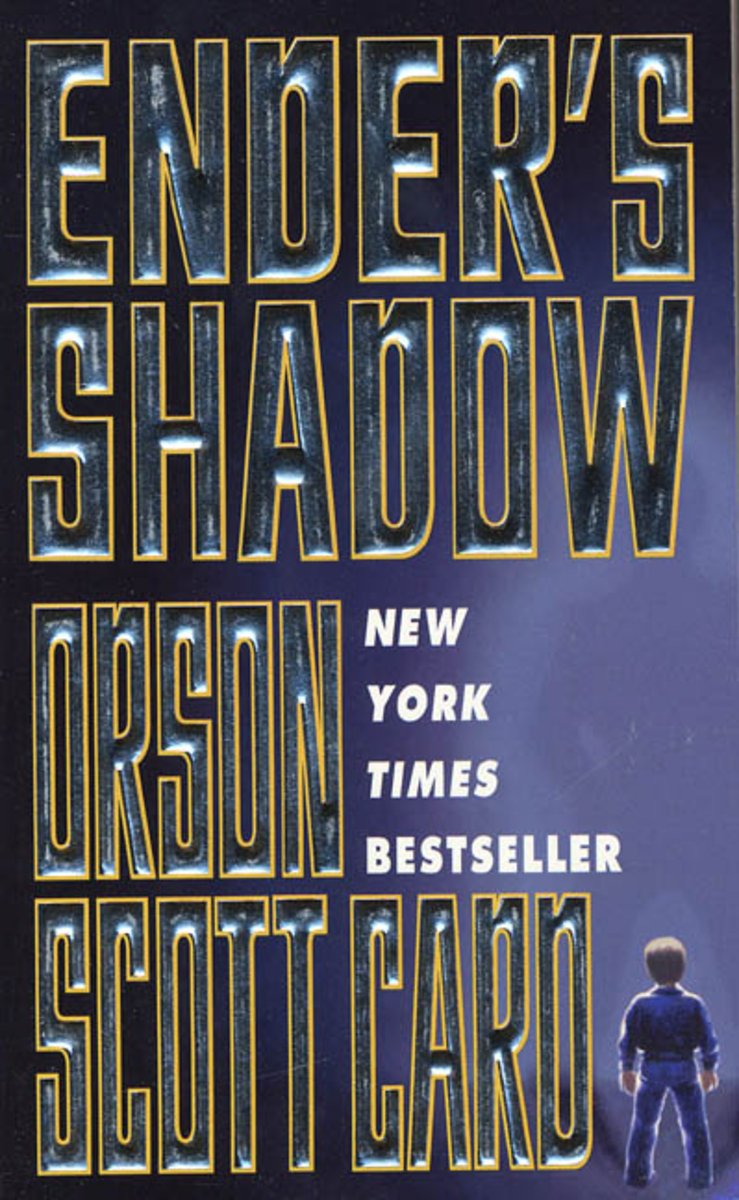 Cover of Ender's Shadow by Orson Scott Card. The title and author name take up the entire cover. The background behind it is purple and there is a small man in the bottom right corern.