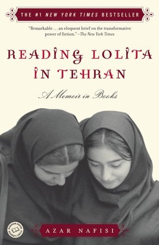 The cover of Reading Lolita in Tehran by Azar Nafisi. At the bottom there is a black and white photograph of two girls. They are sitting next to each other and looking down as if reading a book.