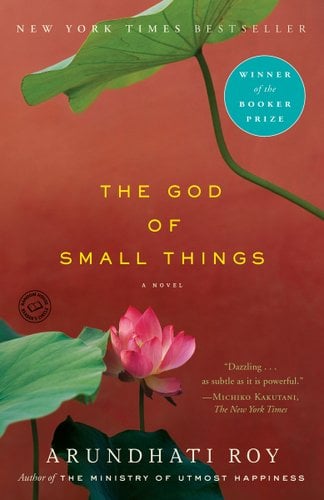 The God of Small Things by Arundhati Roy, a warm, chestnut book cover with a pink lotus flower and large green leaves around it.