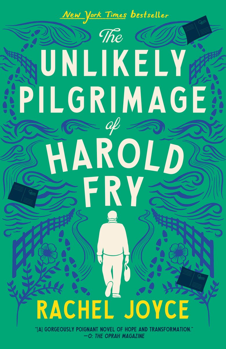 Book cover for The Unlikely Pilgrimage of Harold Fry by Rachel Joyce featuring a turquoise green background with decorative botanical illustrations and small envelope icons scattered throughout. A white silhouette of a man walking appears in the center. The title text is displayed in white lettering, with 'New York Times bestseller' noted at the top in yellow text.
