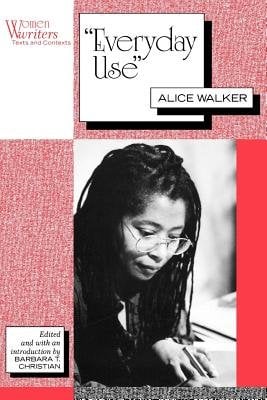 At the top are images with words in pink letters and black letters. The title is in one of these image boxes at the top. It is written in black letters. The author's name is in a smaller image box below the title. A black and white portrait of the author, who has her hair down and is wearing glasses. It is all set against a pink background.
