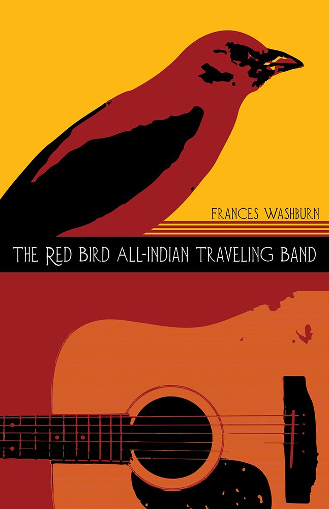 A red bird on a yellow background comprises the top half. A guitar on a red background comprises the bottom half. The title is on a thin strip of black in the middle and in white.