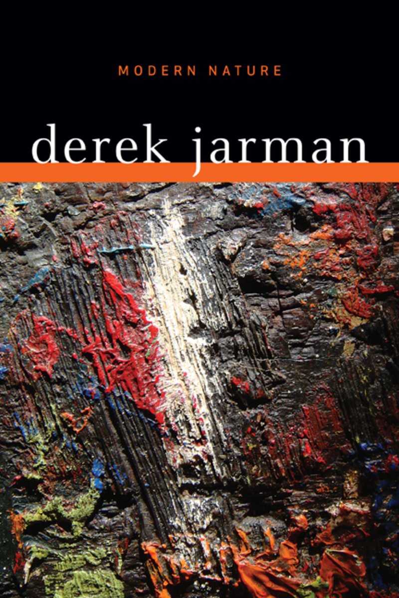The book cover for Modern Nature by Derek Jarman. The side of a rock makes up the bottom half of this book. The top is a black box with the title in orange and the author's name in white. There is an orange strip separating the rock and the black.