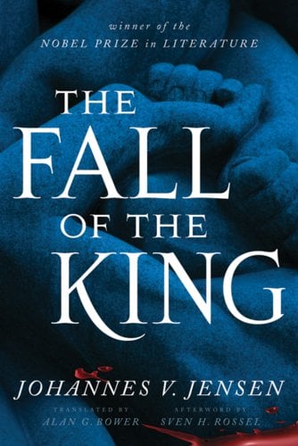 "Kongens Fald" by Johannes V. Jensen book cover of statue arms touching each other in a deep blue font or in a dark place that creates deep shadows.