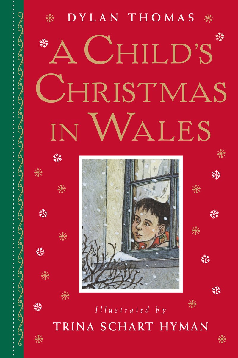Cover of A Child's Christmas in Wales showing a young boy looking out a snowy window on a red background with decorative snowflakes