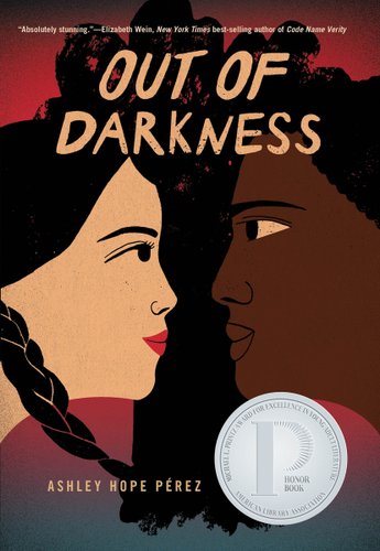 Out Of Darkness by Ashley Hope Pérez. The illustrated profiles of a tan-skinned young woman and a Black young man face each other faintly smiling. Black smoke rises behind them in the distance.