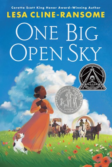 Book cover of One Big Open Sky by Lesa Cline-Ransome, featuring a brown-skinned girl with short, dark coily hair wearing a peach dress and holding a brown notebook to her chest as she stands in a windswept field of grass; she is accompanied by a small white and brown dog; several horse-drawn homesteader wagons can be seen behind her.