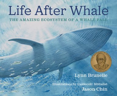 Book cover of Life After Whale: The Amazing Ecosystem of a Whale Fall by Lynn Brunelle, Illustrated by Jason Chin, featuring the underside of a large baleen whale swimming in the ocean as viewed from the ocean floor.