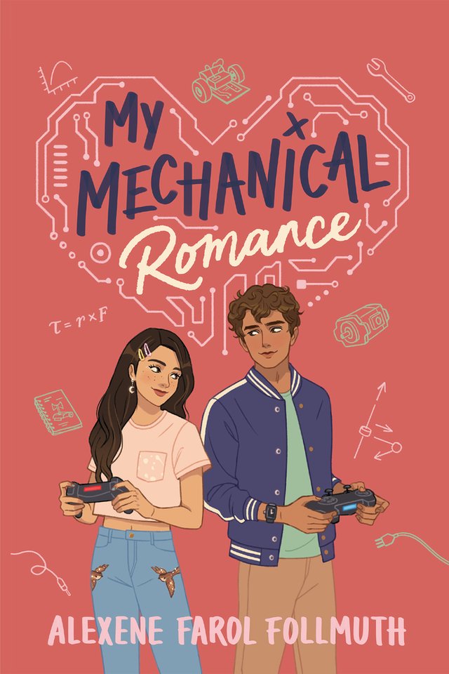 The cover of My Mechanical Romance depicts an illustration of a girl and a boy standing next to each other center cover and staring at each other while holding black gaming controllers