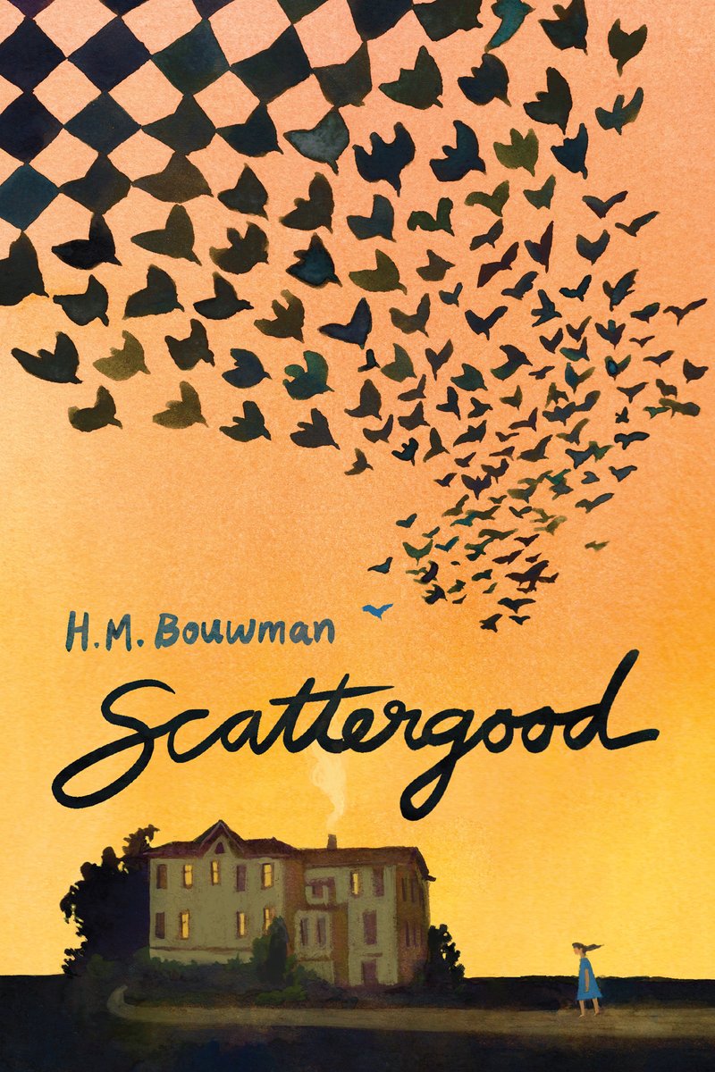 Book cover of Scattergood by H.M. Bouwman, featuring a light-skinned child with long brown hair walking along a dirt path to a large tan building in the middle of an otherwise empty plain during sunset. A flock of black birds fly overhead; one bird is blue.