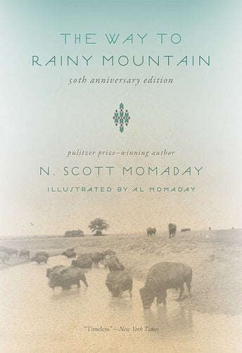 "the Way to Rainy Mountain" book cover with long stretching land and bison drinking from the water.