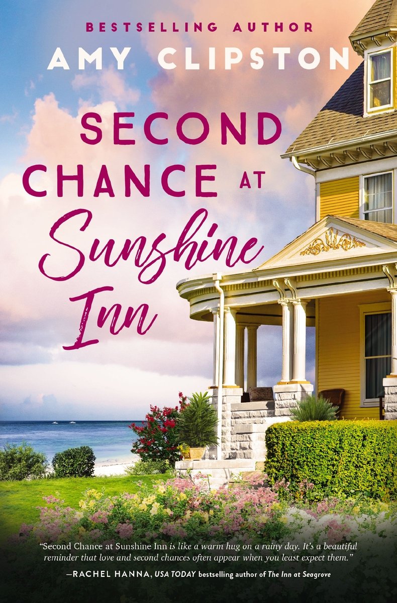 Second Chance at Sunshine Inn by Amy Clipston, a sweet contemporary romance book cover depicting a yellow Victorian home on the seaside.