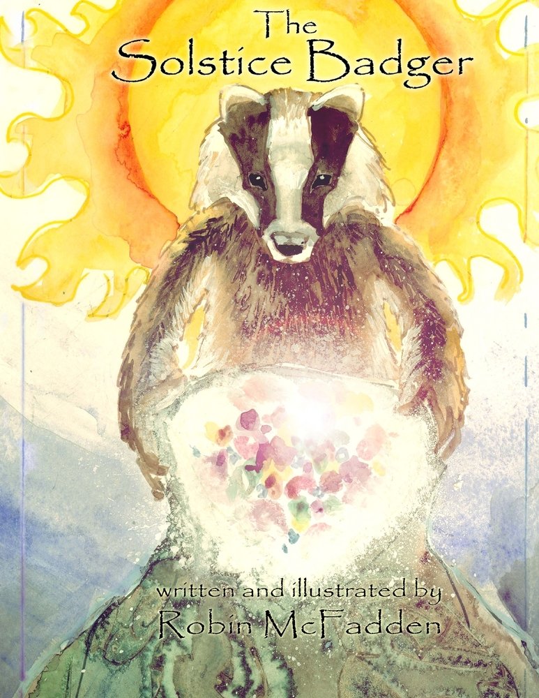 The Solstice Badger by Robin McFadden children’s book cover depicting a bright sun with all of its fiery rays emanating from it and in the foreground a badger is holding a bag filled with sparkling, colorful gems.