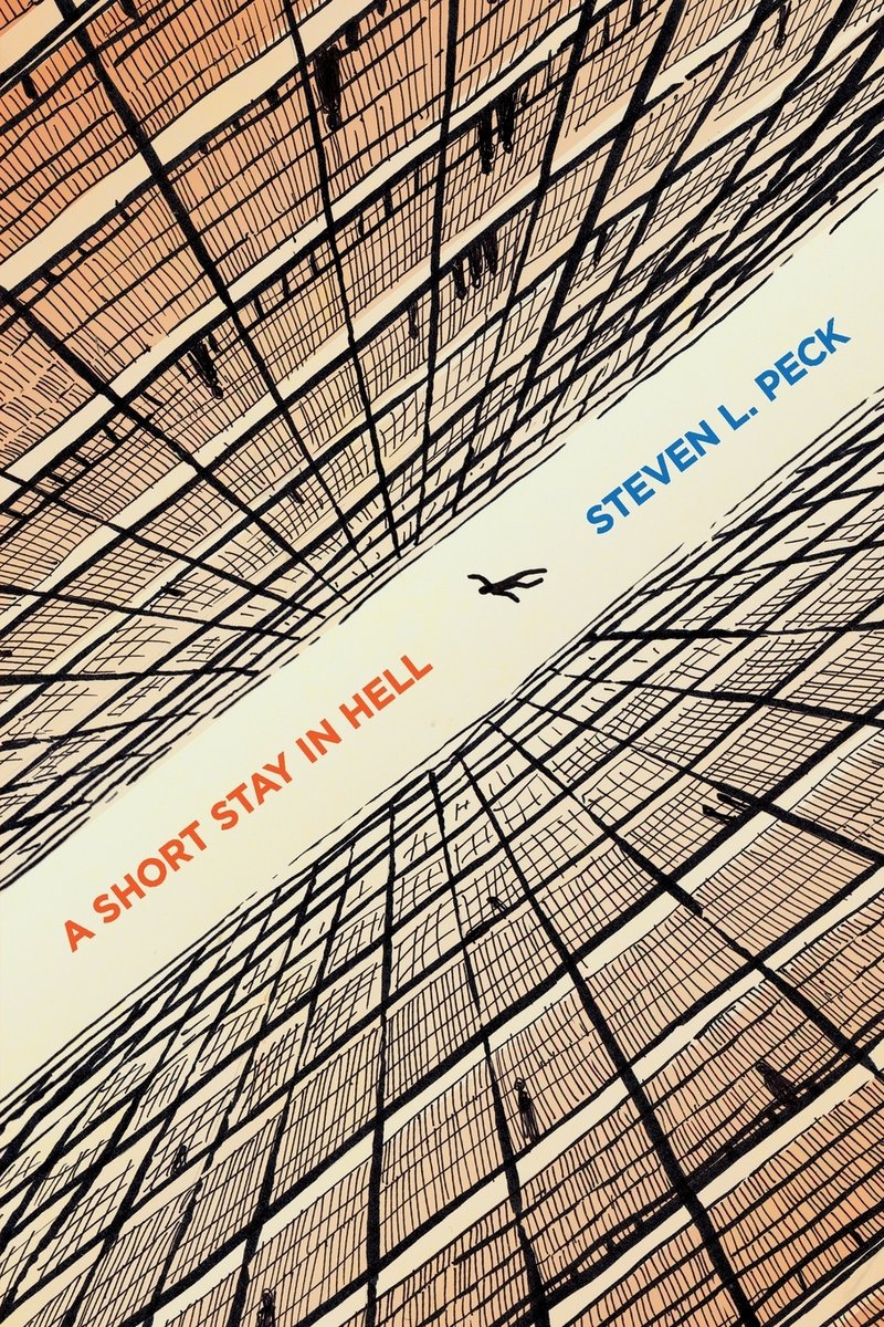 A Short Stay in Hell by Steven L. Peck, an existential horror novel book cover of a human silhouette on the floor from a birds-eye view with expansive library shelves diagonally consuming the cover, leaving no space but the illusion of a narrow walkway between shelves where the human lies.