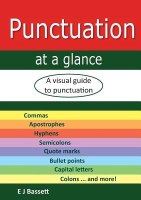 Punctuation at a glance: A visual guide to punctuation by Elizabeth Jean Bassett. The words "A visual guide to punctuation" are circled. In rows of various shades of the rainbow below are the words "Commas; Apostrophes; Hyphens; Semicolons; Quote marks; Bullet points; Capital letters; Colons ... and more!"