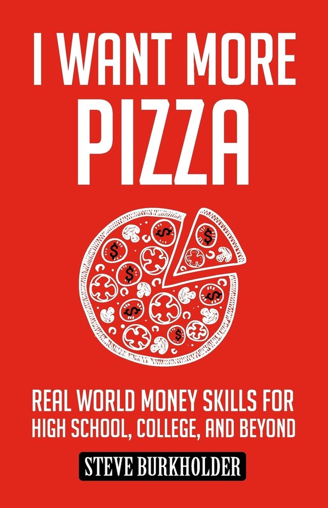 I Want More Pizza by Steve Burkholder, book cover. Bright red background with a white 2d image of a round pizza with one slice cut out slightly apart from the rest of the pizza.