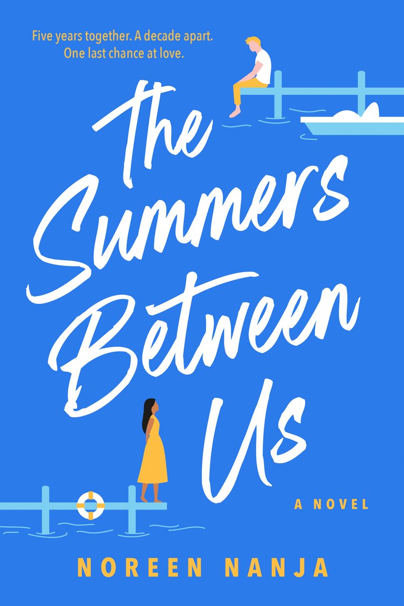 The Summers Between Us by Noreen Nanja, romance book cover depicting an illustration of a man and woman standing on opposing water docks on a blue cover.