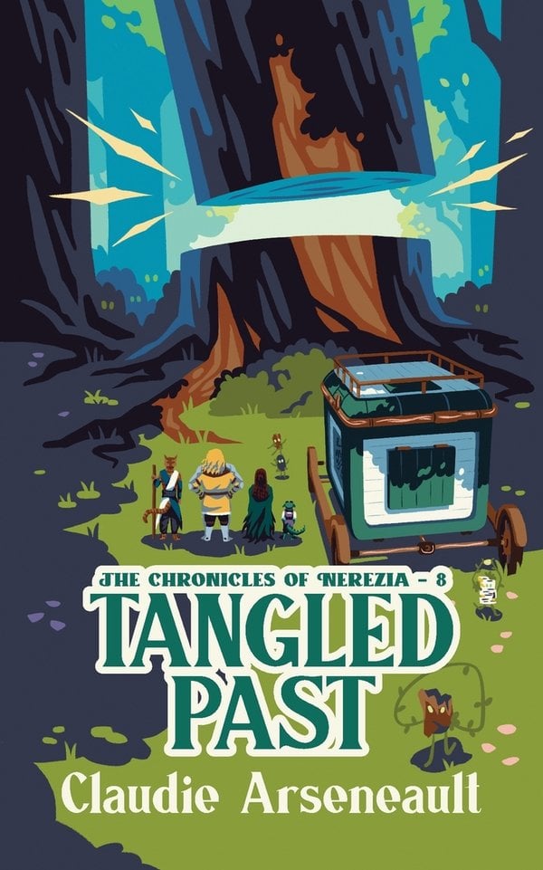 Tangled Past by Claudie Arsenault a young adult book cover depicting an illustration of three people next to a cart and a large tree being cut down.