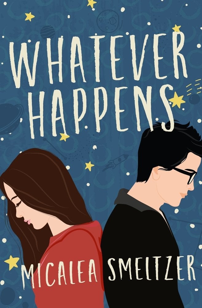 Whatever Happens by Micalea Smelter book cover. Finn and Violet with their backs to each other under a starry night sky.