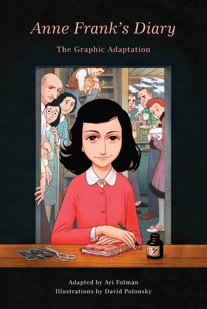 The illustrated cover of Anne Frank's Diary by Anne Frank, adapted by Ari Folman, illustrated by David Polonsky. The graphic adaptation depicts Anne Frank with shoulder-length black hair and a pink sweater sitting in front of a wooden tabletop. Behind her are her family peeking in.