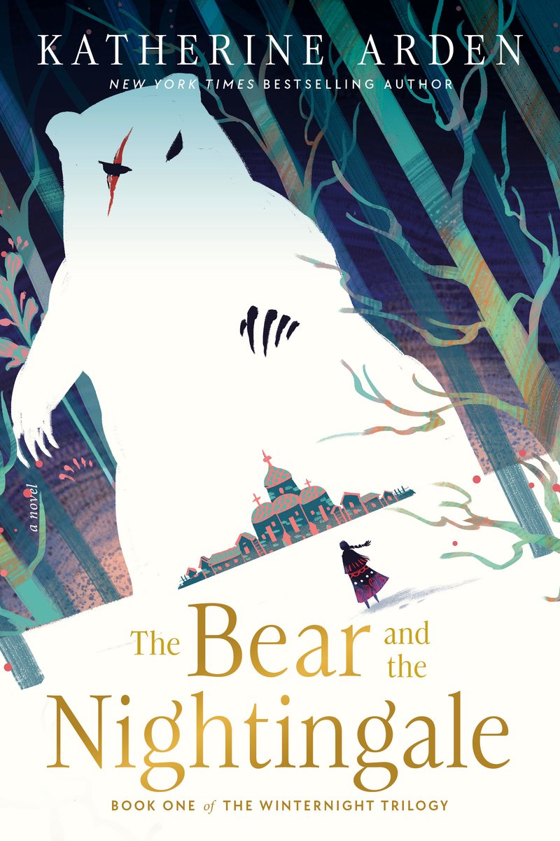 Bear and the Nightingale cover, winter night in the woods with ight glowing from a cabin, and a girl looking in.