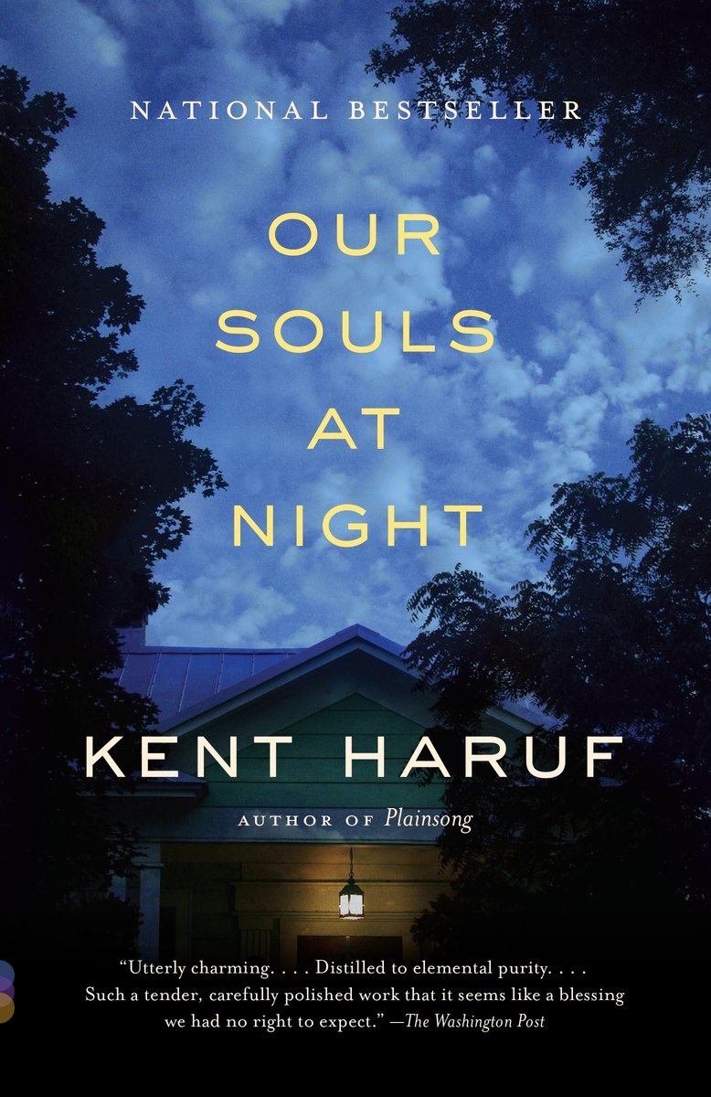 Our Souls At Night by Kent Haruf book cover depicting a house's front door against cloudy sky at dusk.
