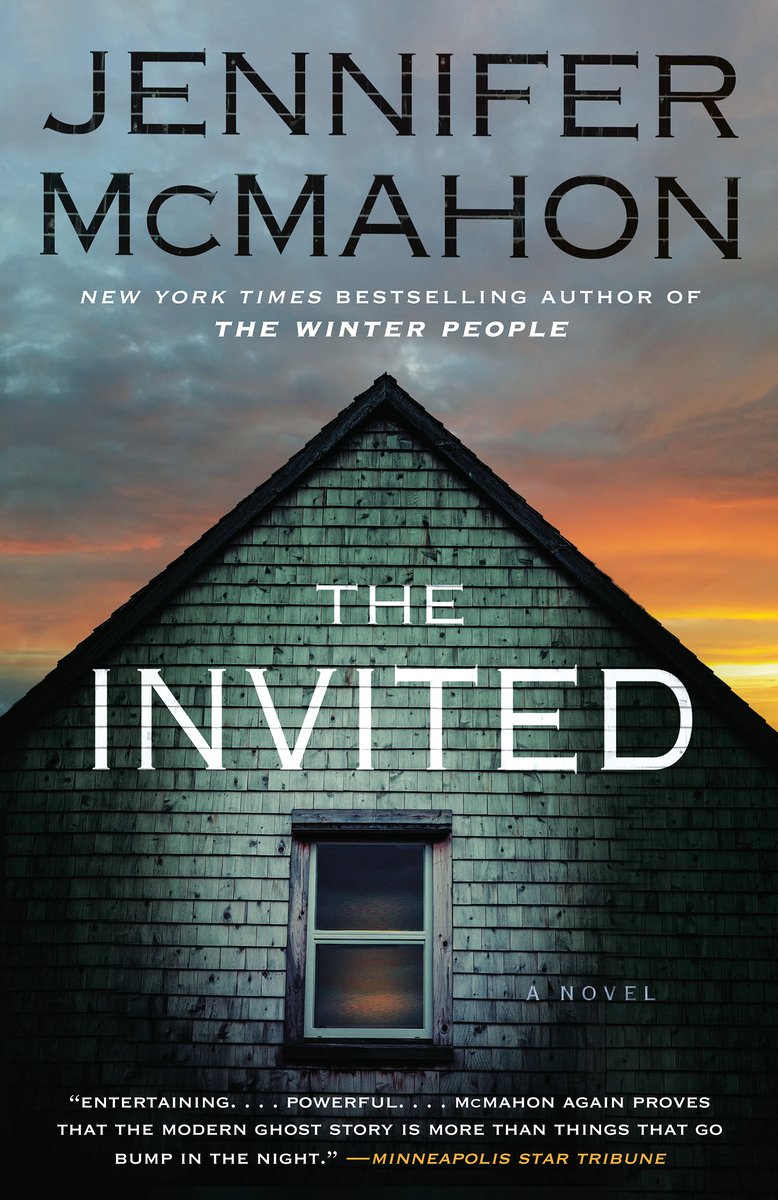 The Invited by Jennifer McMahon, a horror fiction book cover depicting grey clouds and orange-yellow sunset blending in the background, and a triangular frame of a bricked house with a window, together with the title in white, at the center.