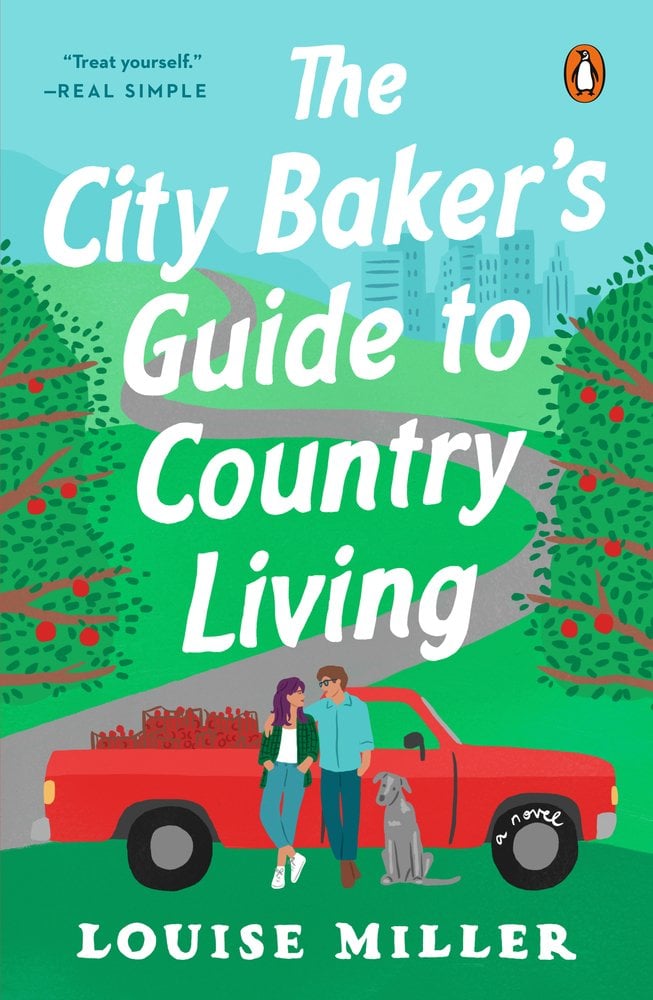 The City Baker's Guide to Country Living by Louise Miller, a romance novel depicting a man with brown hair and a blue shirt hugging a woman with purple hair in front of a red truck with a gray dog on the right side. The background depicts a long gray road with grass and trees with red fruits.