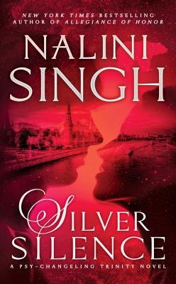 A cover of Silver Silence by Nalini Singh. There are two shadows on the cover bent like they're about to kiss. Behind them is a city.