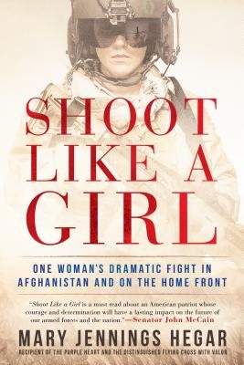Shoot Like a Girl book cover of a woman walking forward in uniform holding a gun against a beige background with the bottom half being translucent.