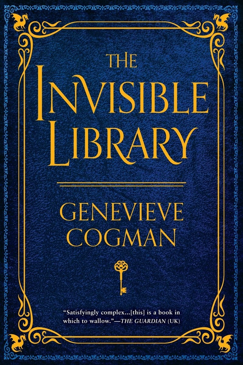 The book cover for The Invisible Library by Genevieve Cogman. A royal blue background with a golden yellow frame detail. The title is in golden yellow text above a golden yellow key.