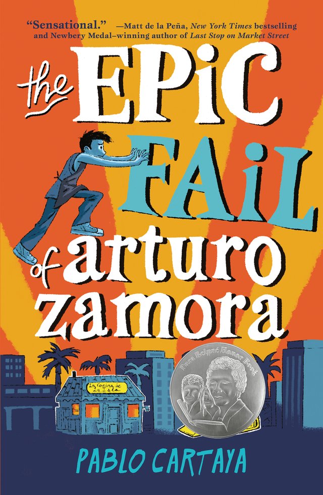 The Epic Fail of Arturo Zamora by Pablo Cartaya shows a city on the bottom as a kid runs across in the sky. The sky had yellow and orange stripes leading vertically.