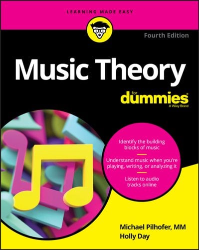The cover of Music Theory for Dummies by Michael Pilhofer et al. There are colorful blocks of music notes in a circle, and the background is part pink, black, and yellow.