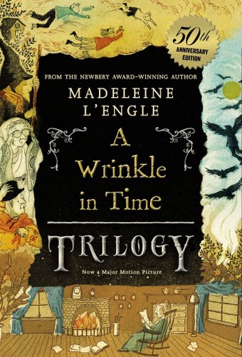 A cluttered book with several drawings of birds, people, creatures, and interior furniture around a black roughly drawn rectangle in the middle that say "Madeline L'Engle. A Wrinkle in Time Trilogy."