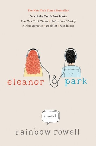 Eleanor and Park by Rainbow Rowell cover; girl with red hair and Asian boy connected by cord wearing headphones