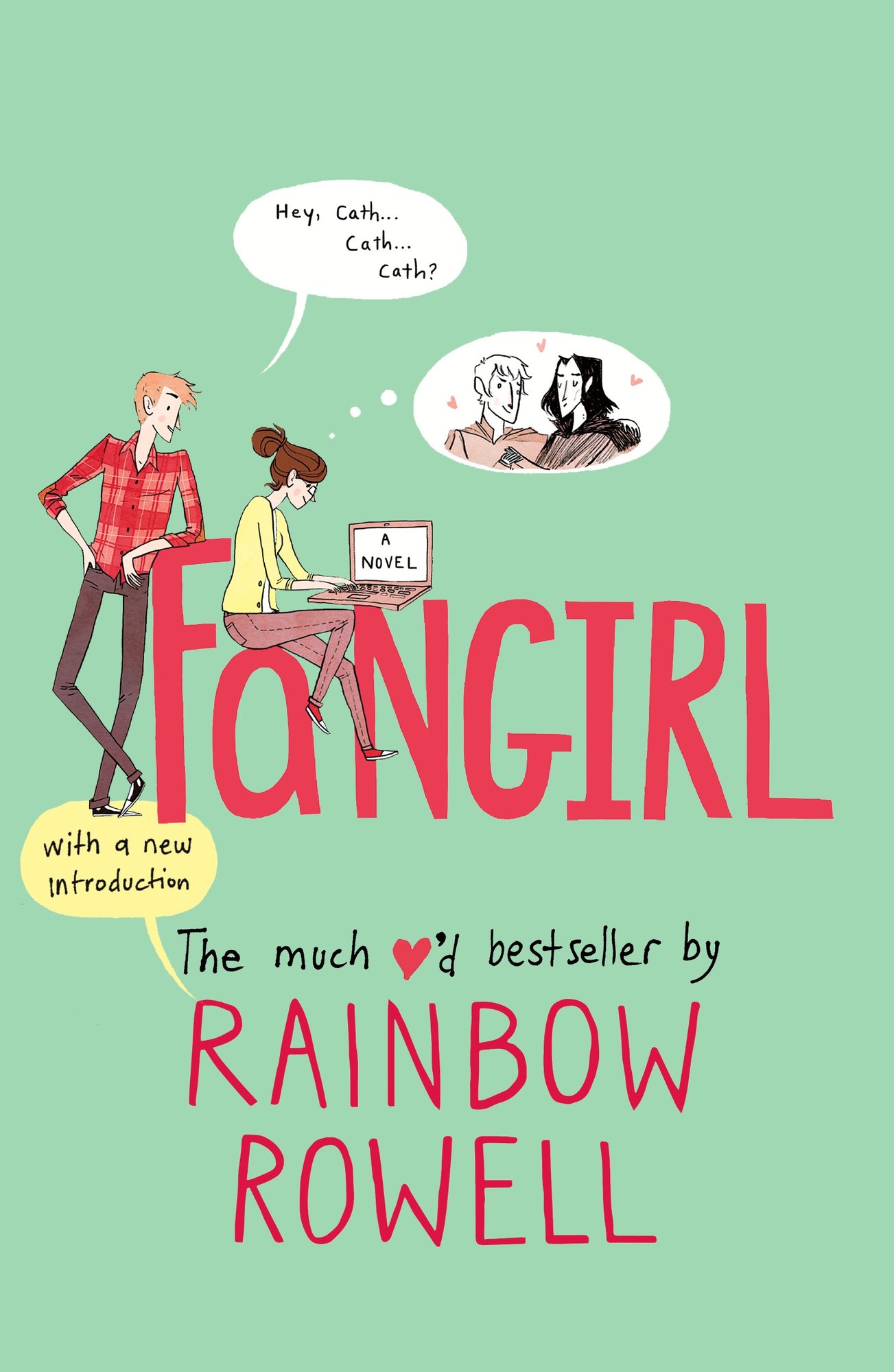 Fangirl by Rainbow Rowell, a contemporary romance book cover with a light green background and two people, with one on a computer.