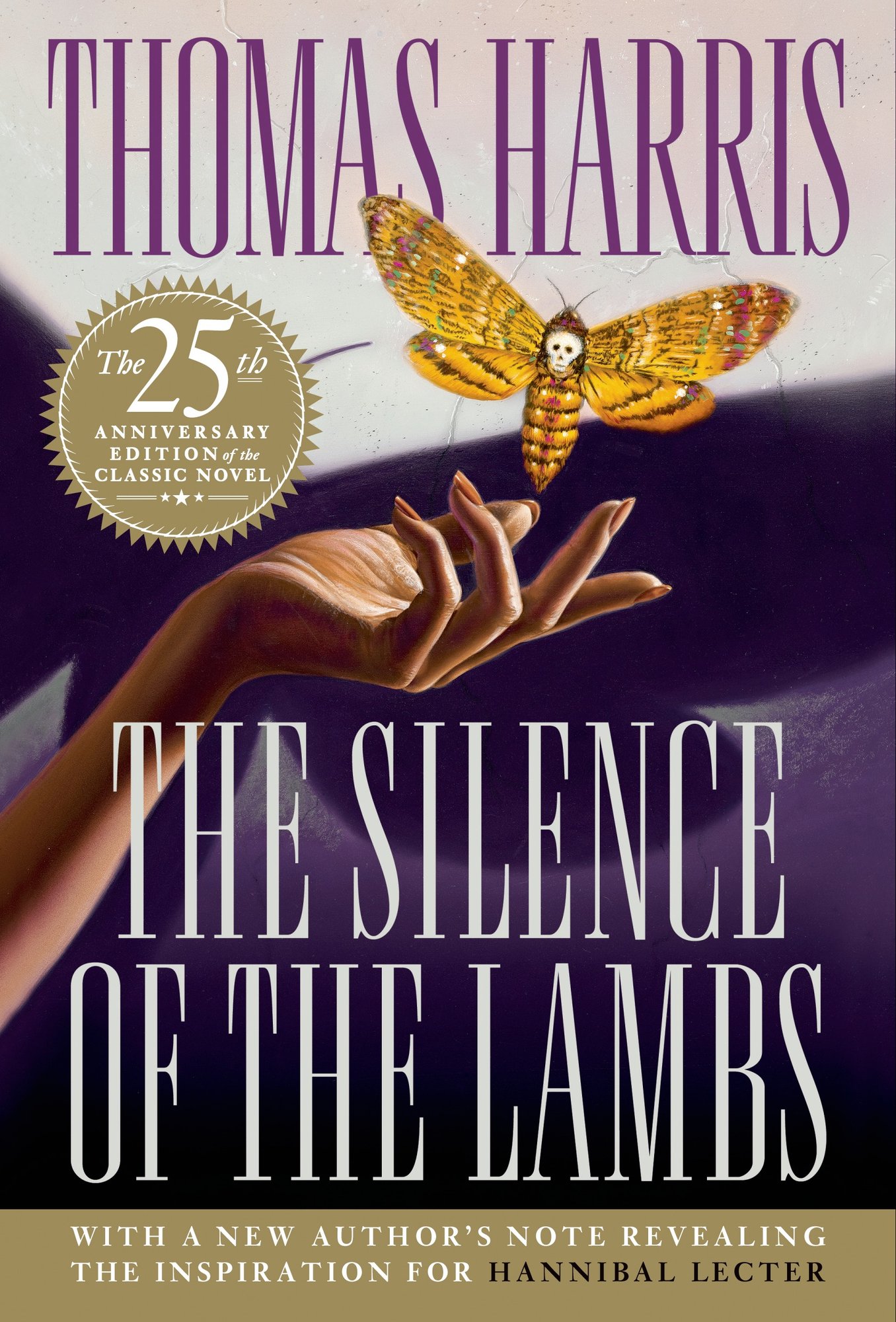 Book cover of 'The Silence of the Lambs' by Thomas Harris. Title text in white and author text in purple. In the center is a painting of a feminine hand under a death's head yellow moth.