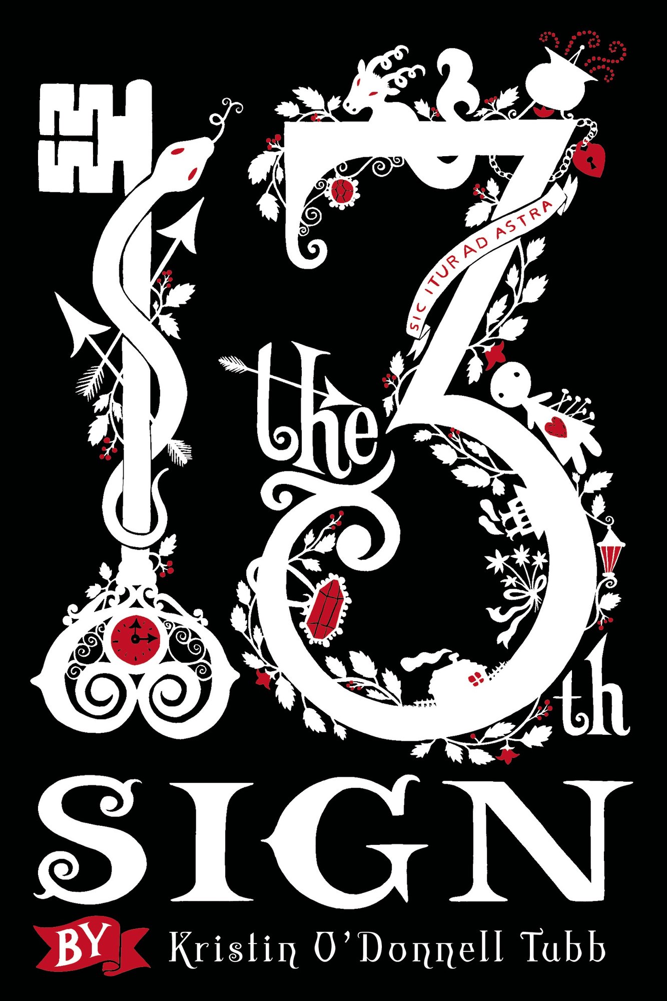 Cover of The 13th Sign by Kristin O'Donnell Tubb. There is a black background with the number 13 on it. The one is a key, with a snake around it, and there is a dragon, doll, flowers, and vines around the 3. It is all black and white with red accents.