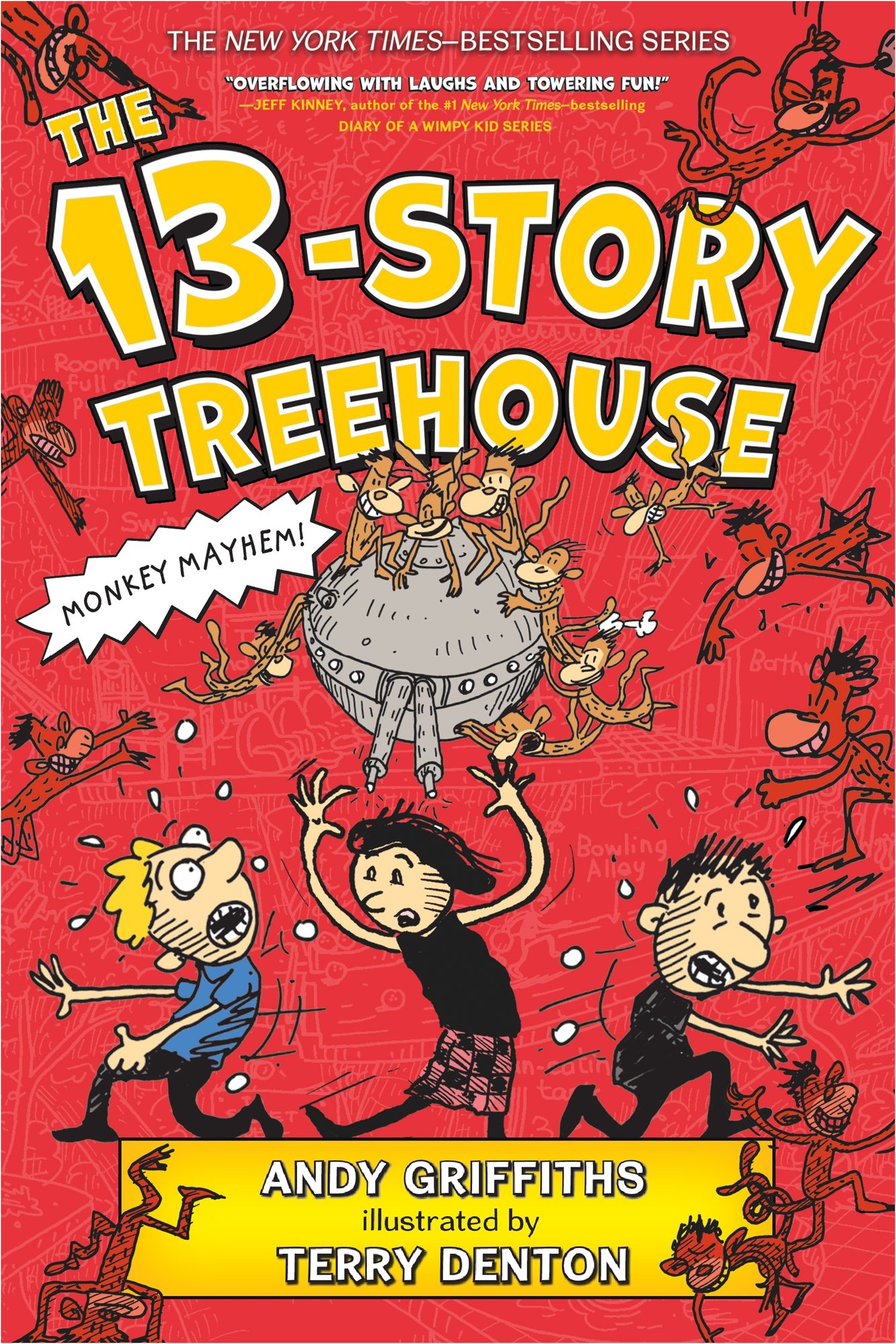 The 13-Story Treehouse by Andy Griffiths and Terry Denton book cover depicting Terry, Andy, and Jill, with monkeys all around them on a red background.