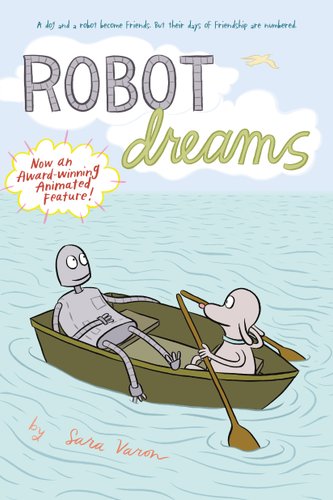 Robot Dreams book cover, a robot and a dog in a rowboat on water.