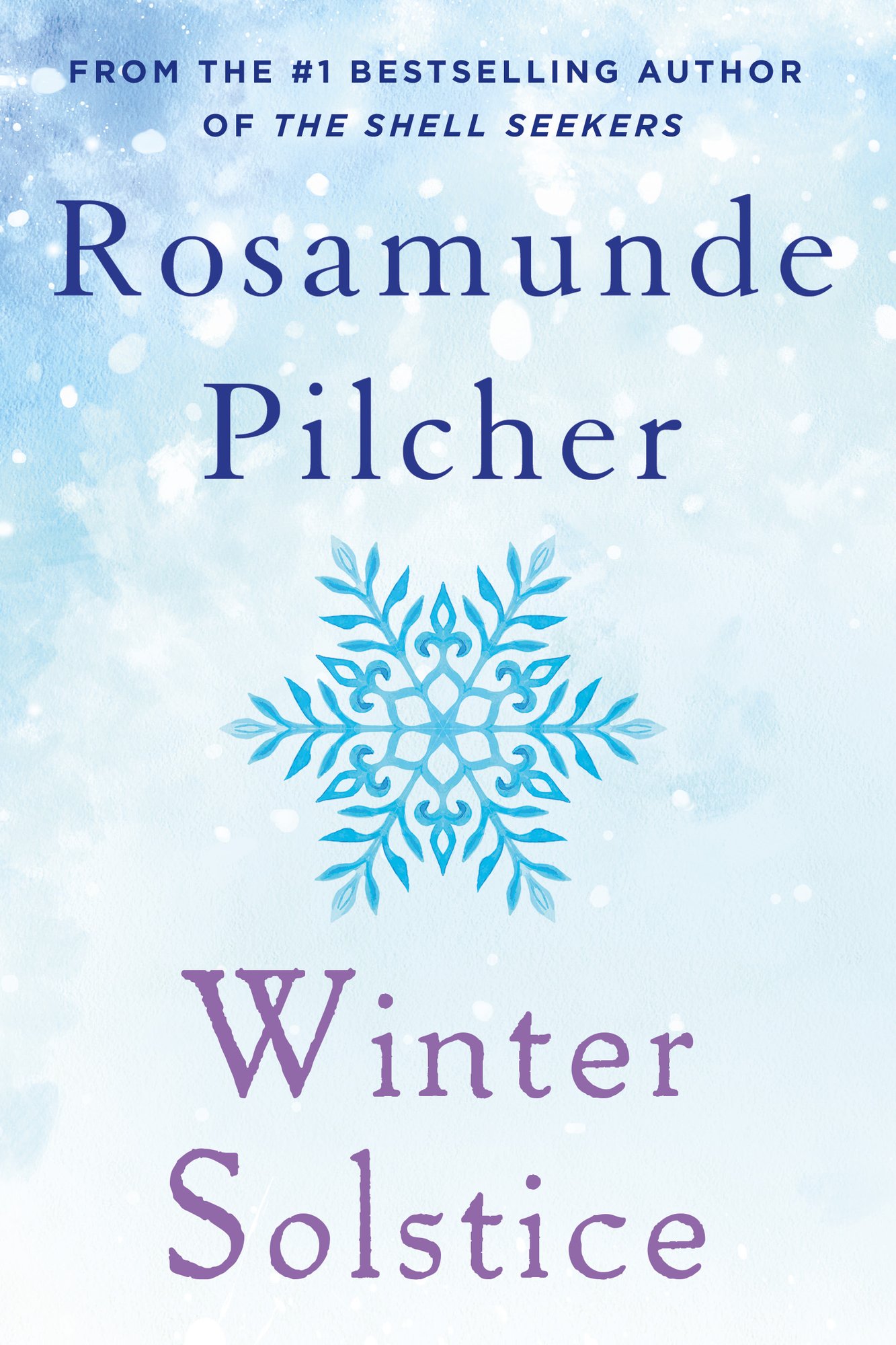 Winter Solstice by Rosamunde Pilcher, a literary fiction book cover depicting a blue snowflake in the center of the cover, over a white and blue snowy background. The title of the book is printed in a thin purple font, and the author's name is printed in a thin blue font.