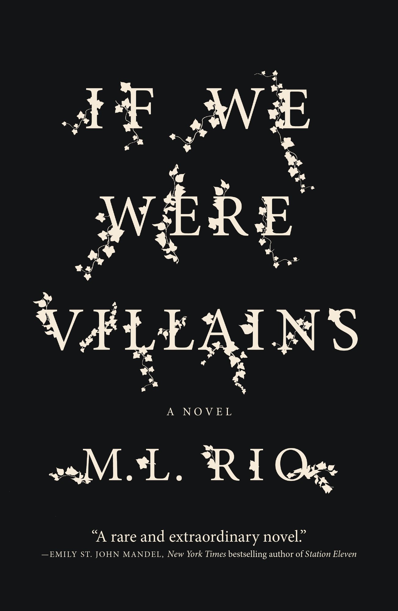 the black cover to If We Were Villains by M L Rio, with white ivy twining around the author name and title